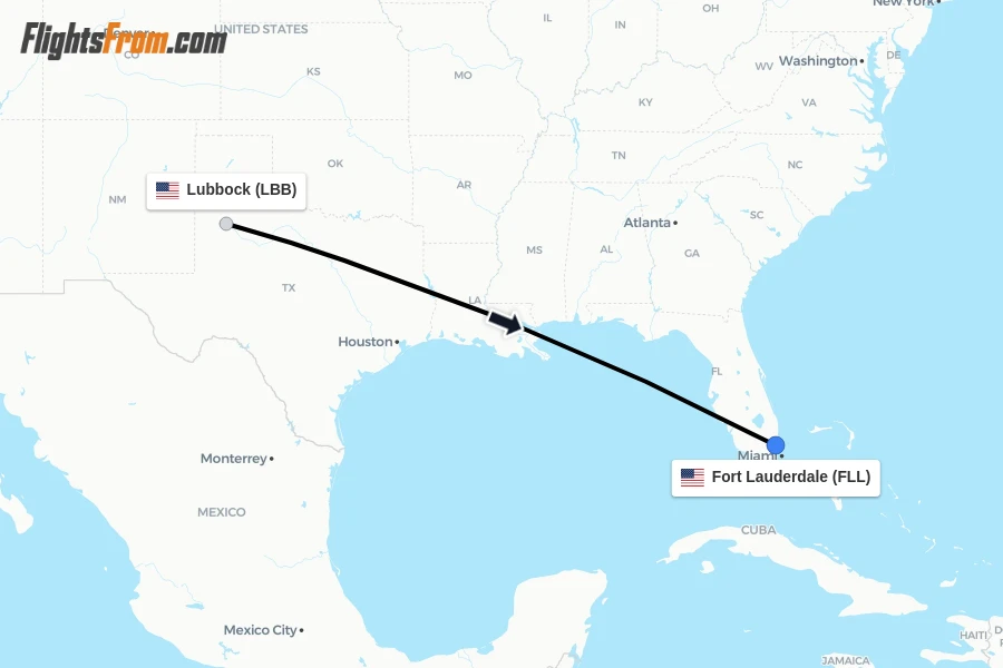 Flights from Lubbock to Fort Lauderdale route map