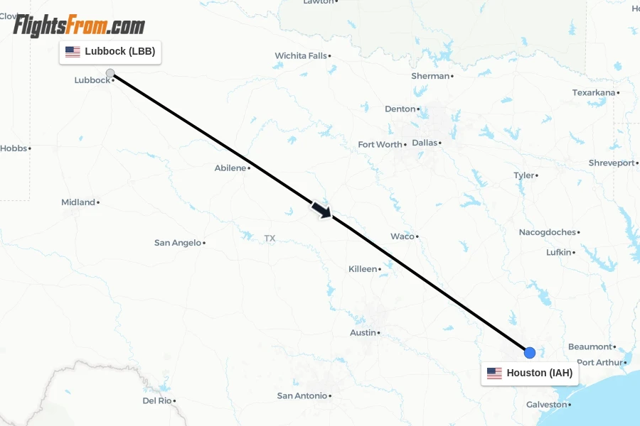 Flights from Lubbock to Houston route map