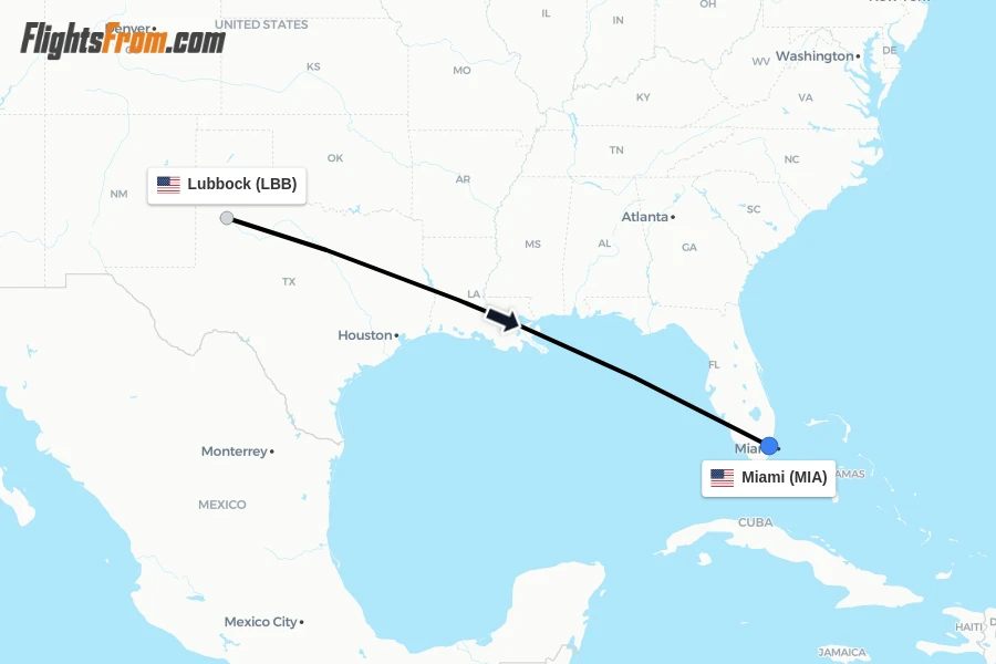 Flights from Lubbock to Miami route map