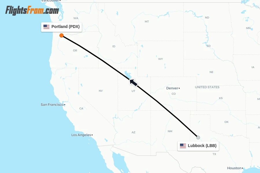 Flights from Lubbock to Portland route map