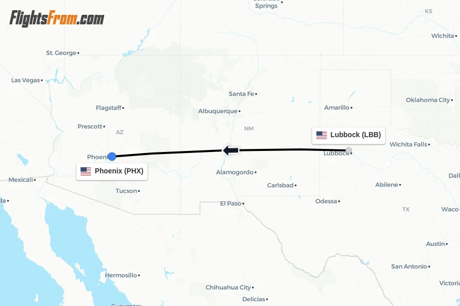 Flights from Lubbock to Phoenix route map