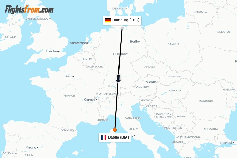 Flights from Hamburg to Bastia route map
