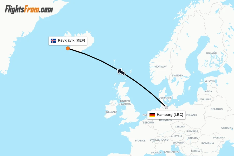 Flights from Hamburg to Reykjavik route map