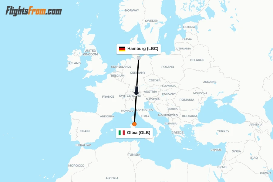 Flights from Hamburg to Olbia route map