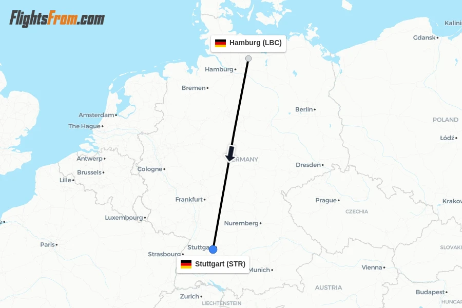 Flights from Hamburg to Stuttgart route map