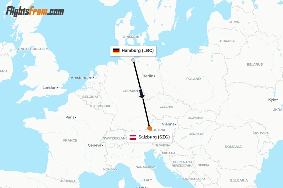 Flights from Hamburg to Salzburg route map