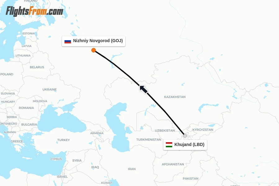 Flights from Khujand to Nizhniy Novgorod route map