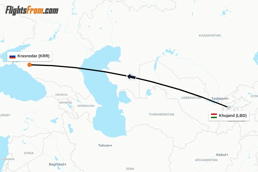 Flights from Khujand to Krasnodar route map