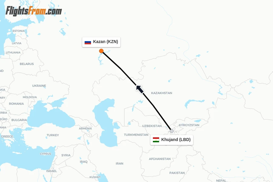 Flights from Khujand to Kazan route map