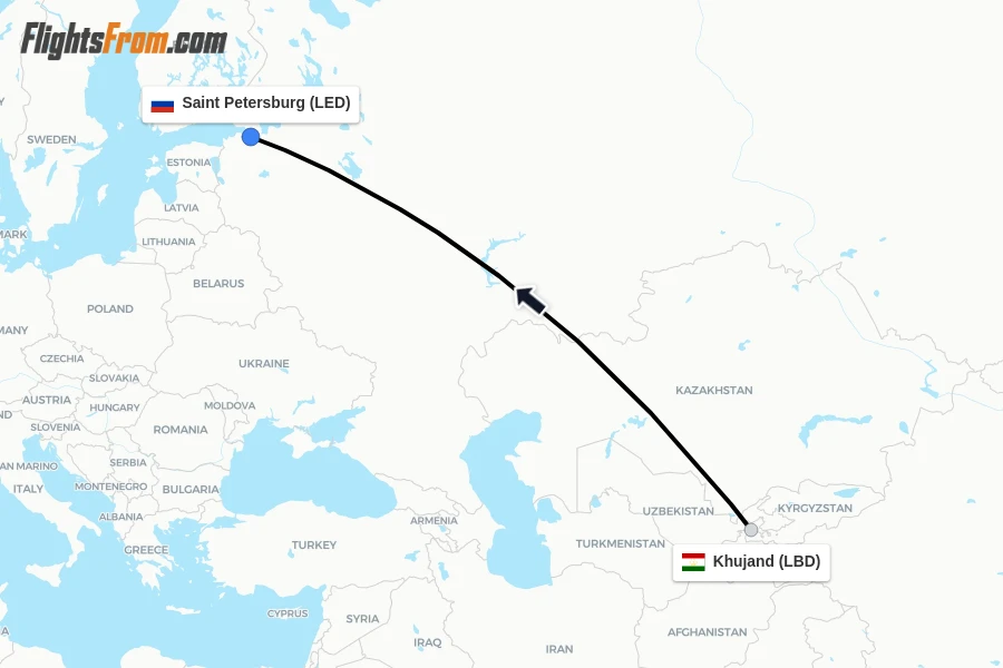Flights from Khujand to Saint Petersburg route map