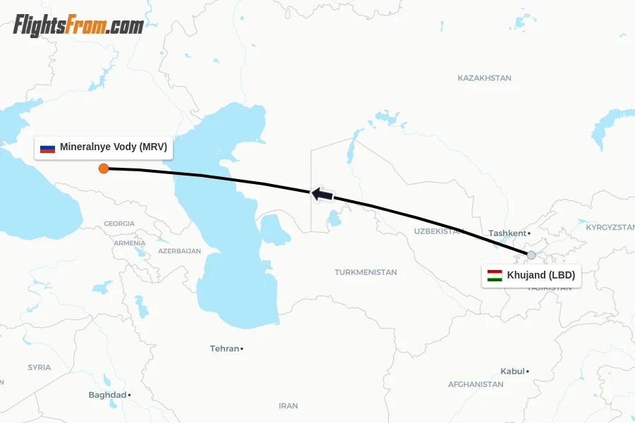 Flights from Khujand to Mineralnye Vody route map