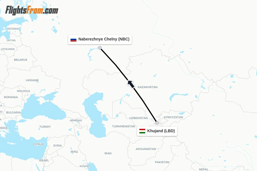 Flights from Khujand to Naberezhnye Chelny route map