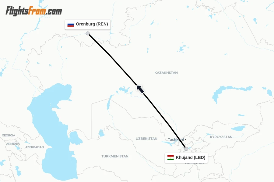 Flights from Khujand to Orenburg route map