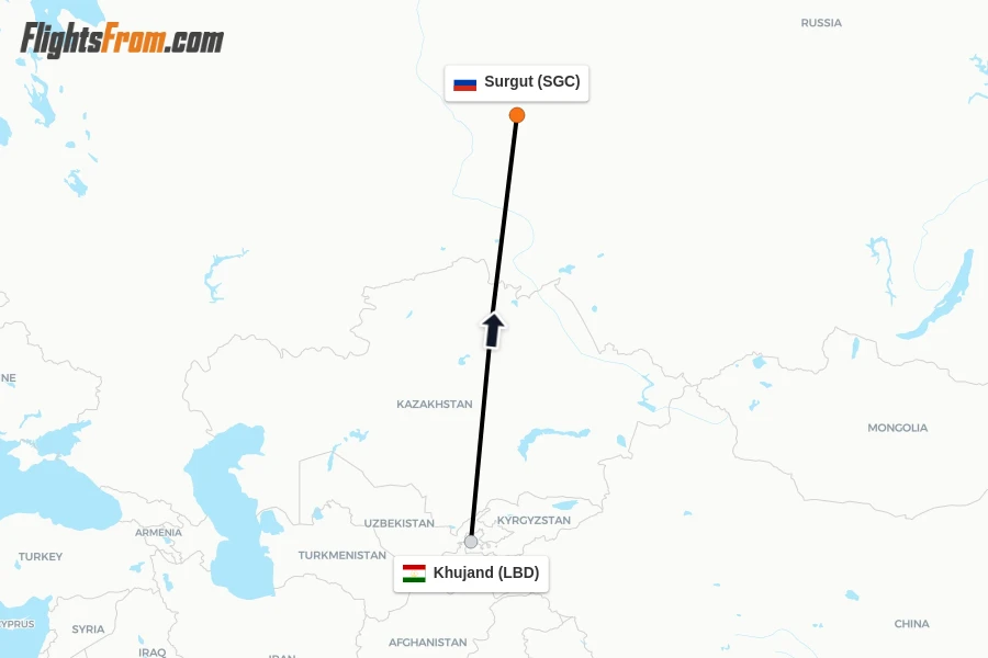 Flights from Khujand to Surgut route map
