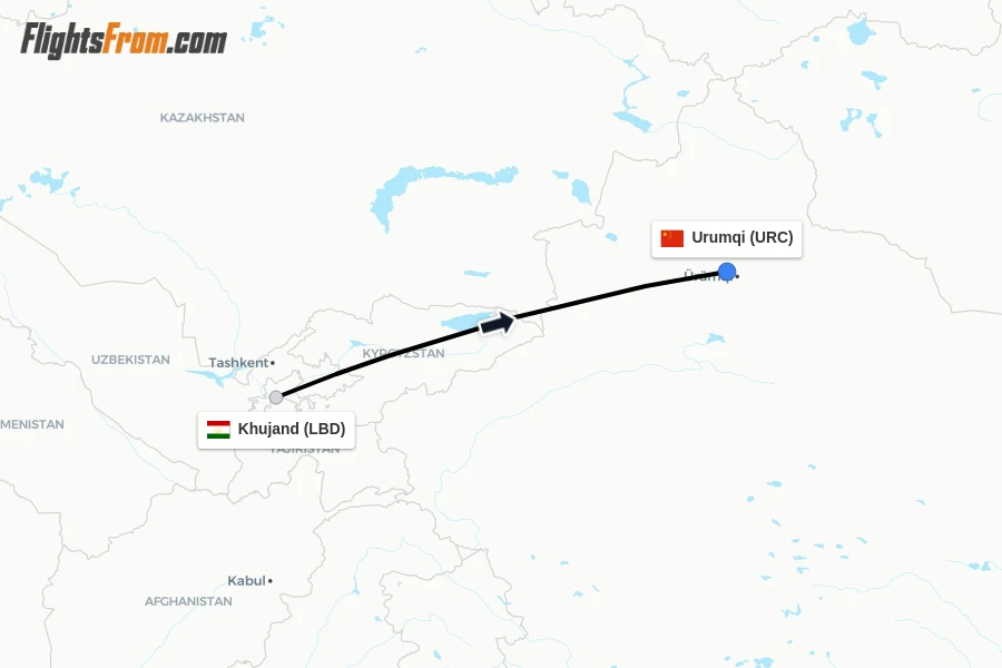 Flights from Khujand to Urumqi route map