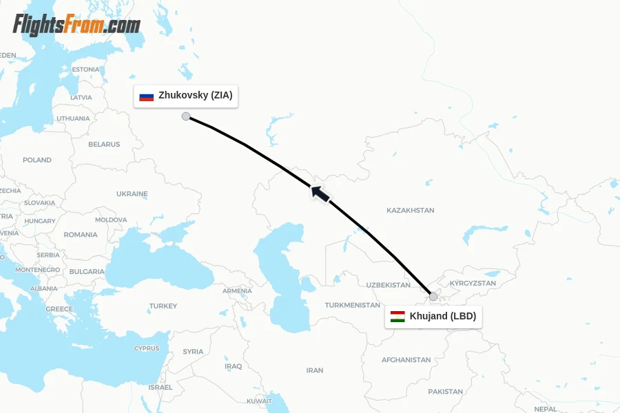 Flights from Khujand to Zhukovsky route map