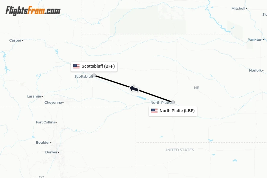 Flights from North Platte to Scottsbluff route map