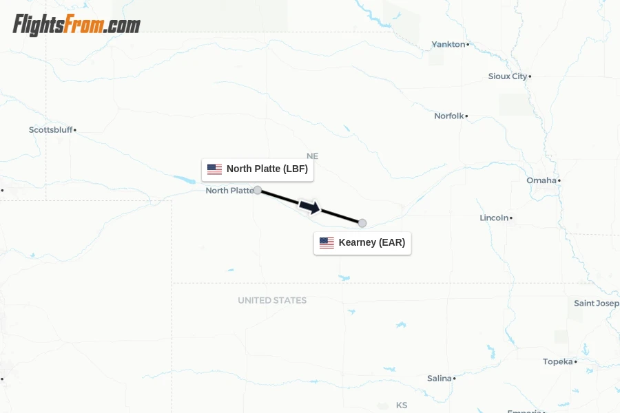 Flights from North Platte to Kearney route map