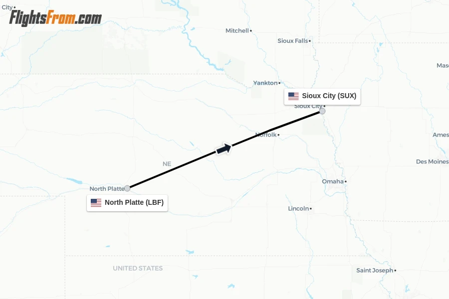 Flights from North Platte to Sioux City route map
