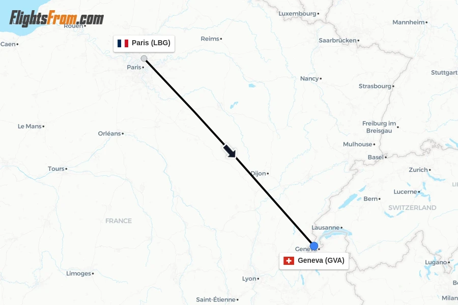 Flights from Paris to Geneva route map
