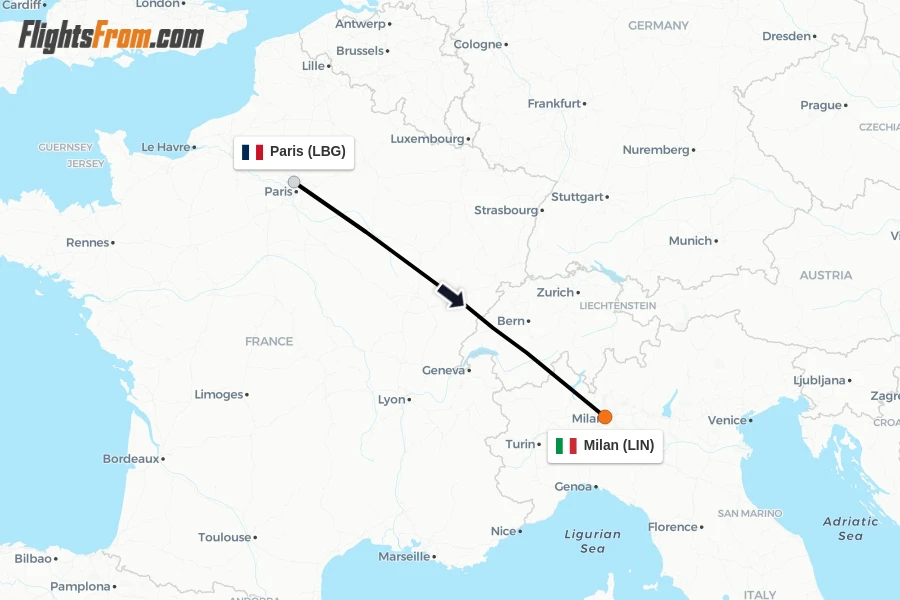 Flights from Paris to Milan route map