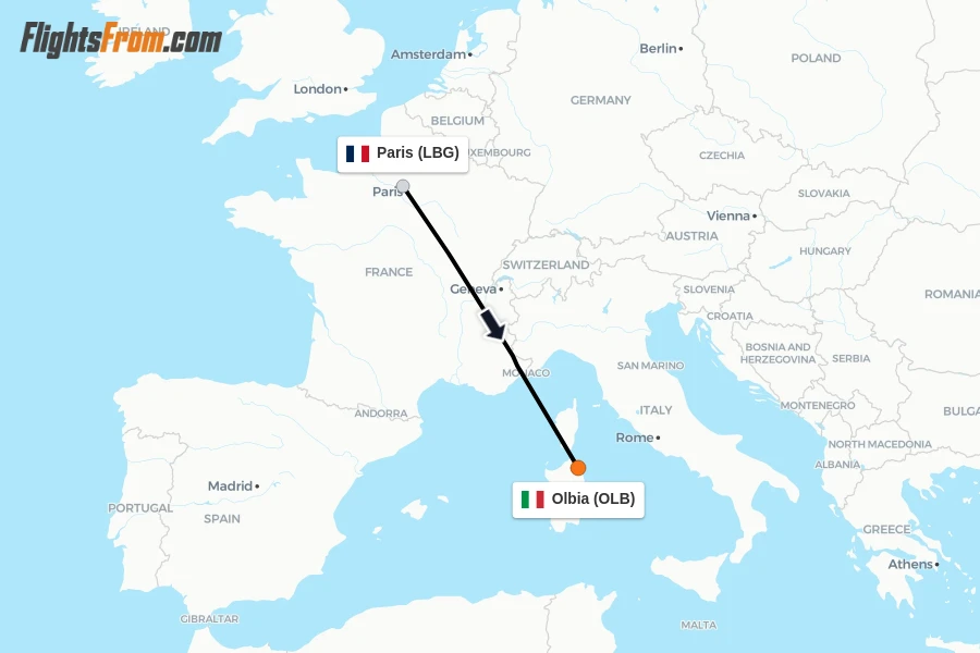 Flights from Paris to Olbia route map