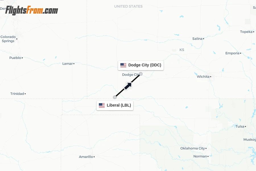 Flights from Liberal to Dodge City route map