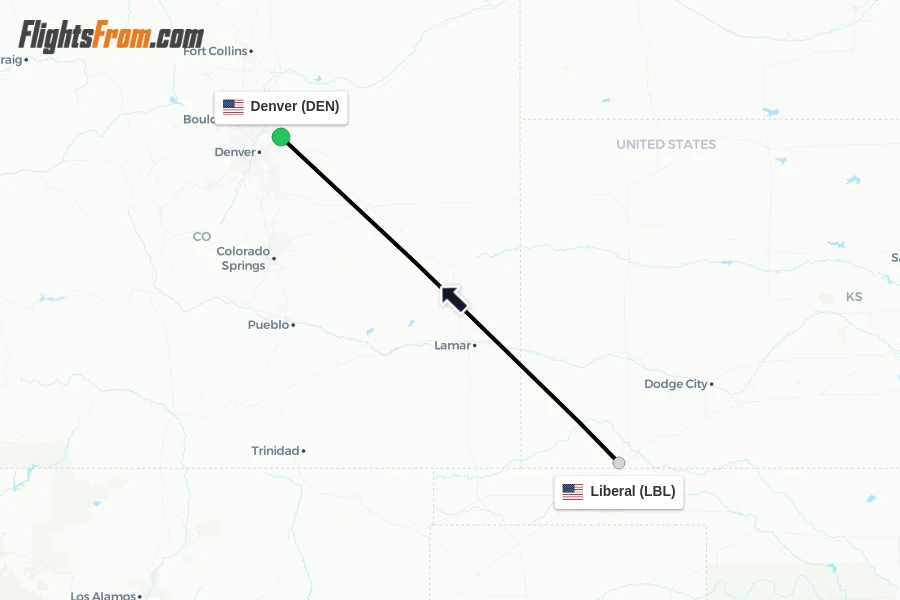 Flights from Liberal to Denver route map