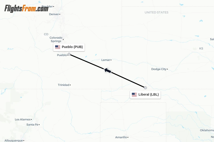 Flights from Liberal to Pueblo route map
