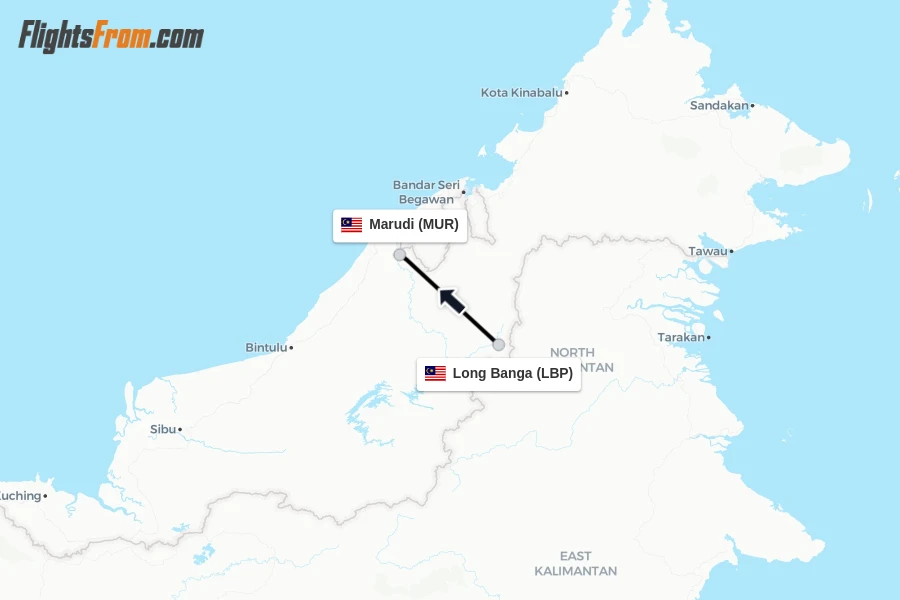 Flights from Long Banga to Marudi route map