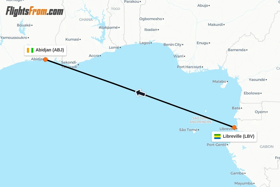 Flights from Libreville to Abidjan route map