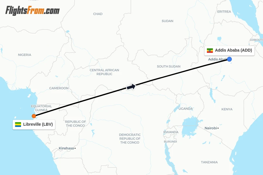 Flights from Libreville to Addis Ababa route map