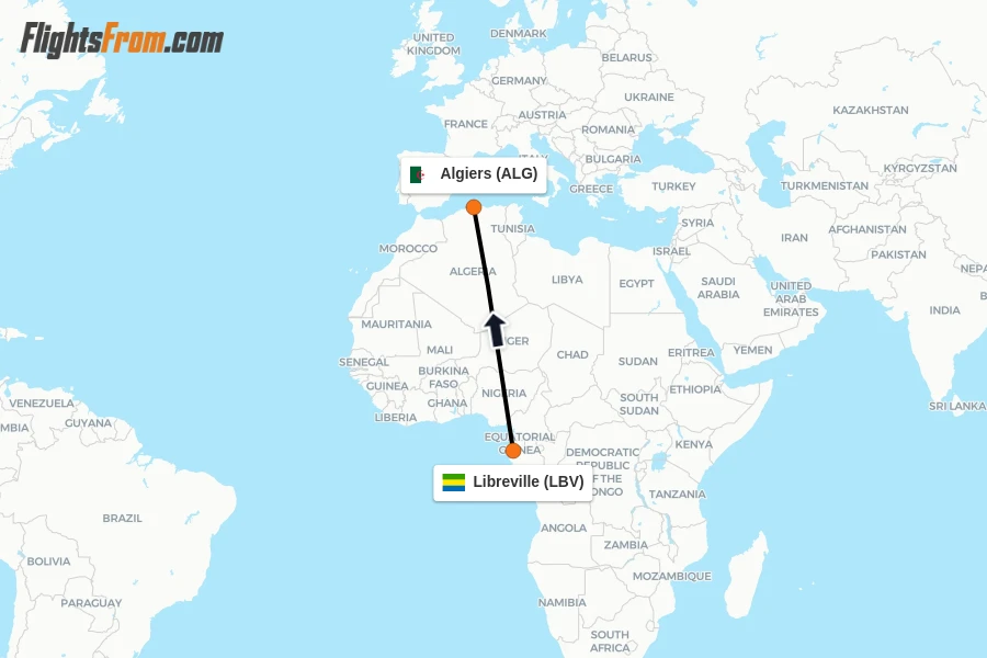 Flights from Libreville to Algiers route map