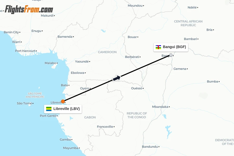 Flights from Libreville to Bangui route map