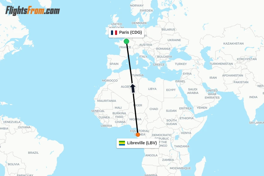 Flights from Libreville to Paris route map