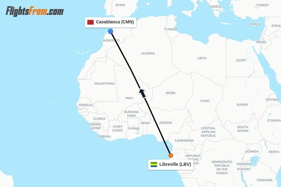 Flights from Libreville to Casablanca route map
