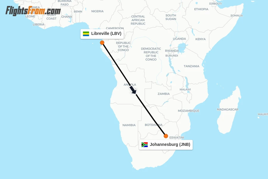 Flights from Libreville to Johannesburg route map