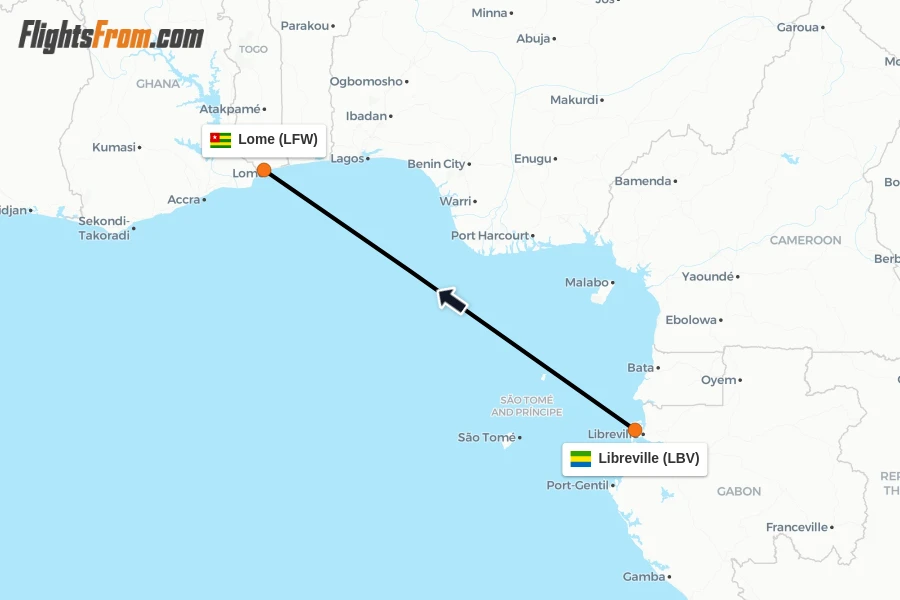 Flights from Libreville to Lome route map