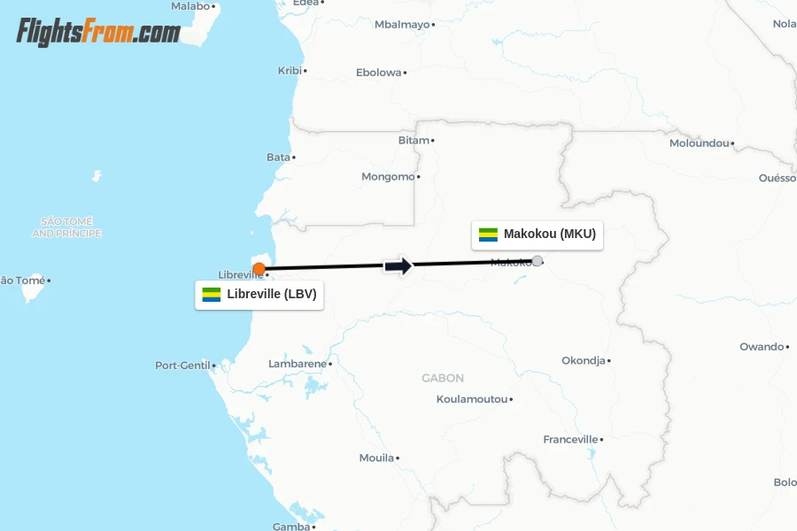 Flights from Libreville to Makokou route map
