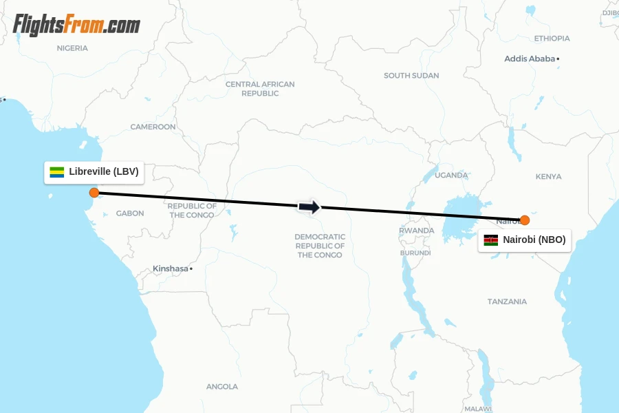 Flights from Libreville to Nairobi route map