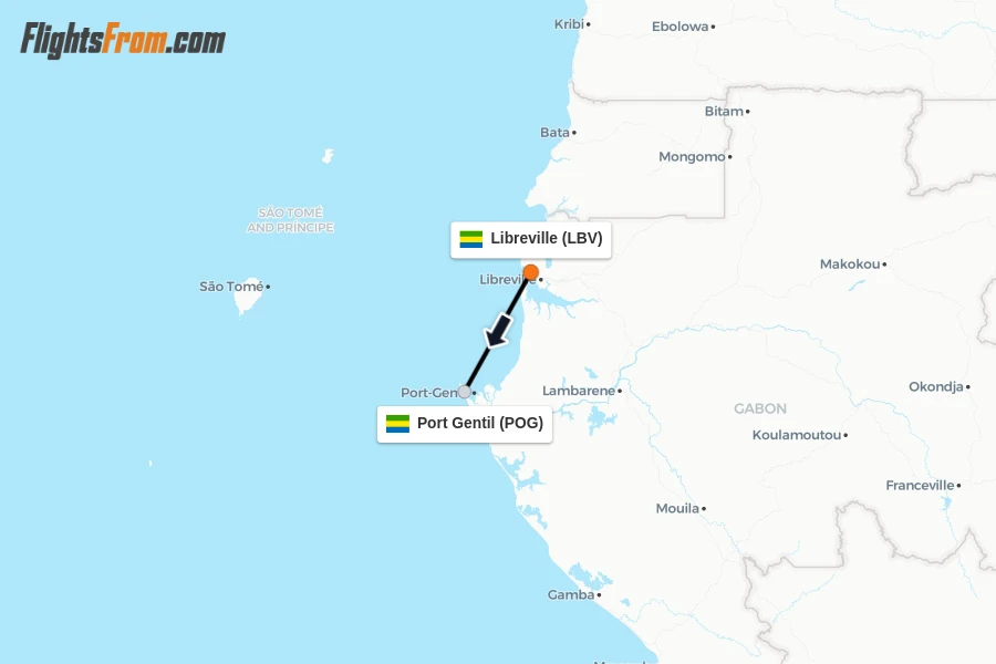 Flights from Libreville to Port Gentil route map
