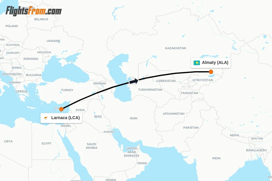 Flights from Larnaca to Almaty route map