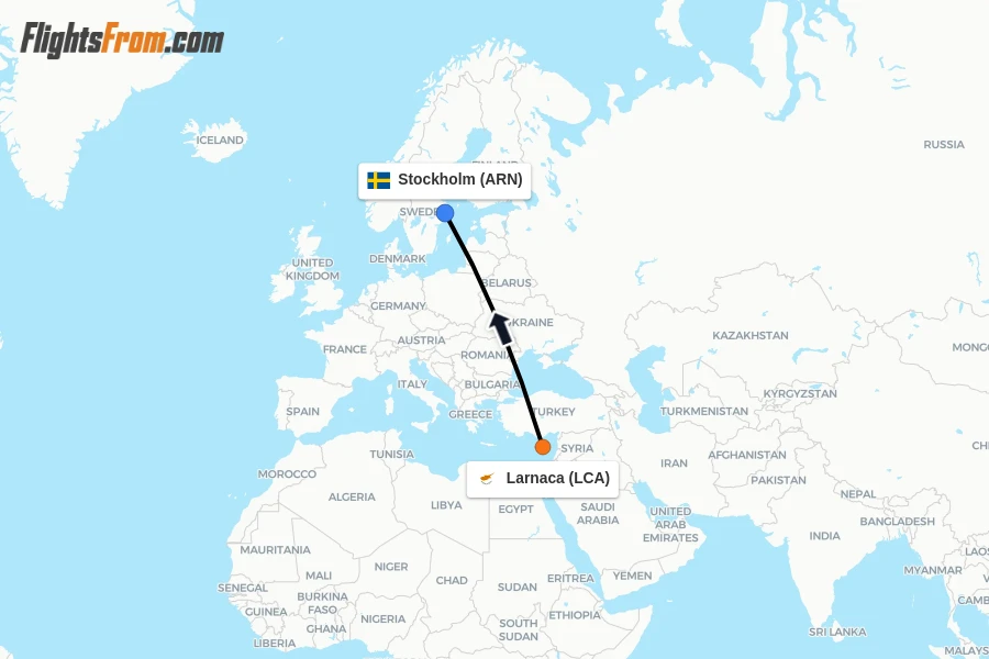 Flights from Larnaca to Stockholm route map