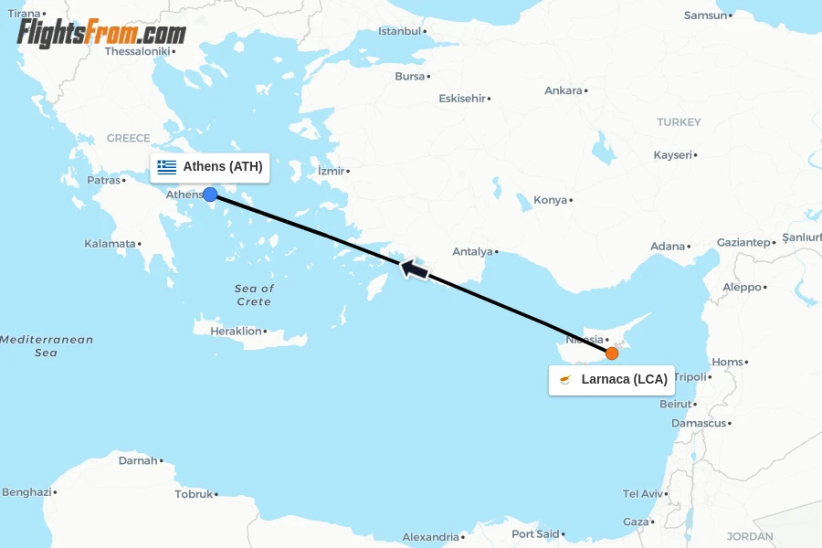 Flights from Larnaca to Athens route map