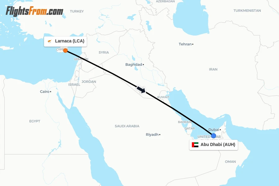 Flights from Larnaca to Abu Dhabi route map