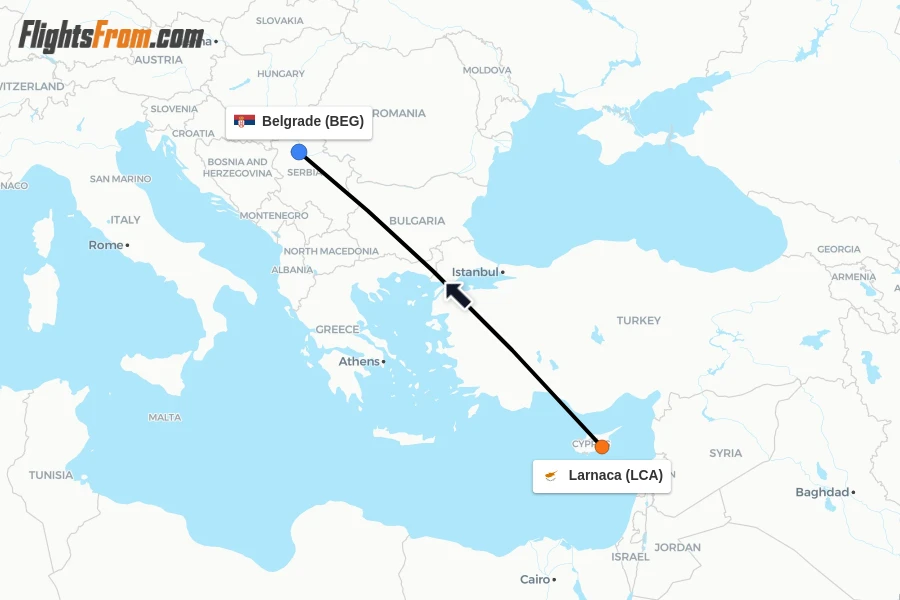 Flights from Larnaca to Belgrade route map