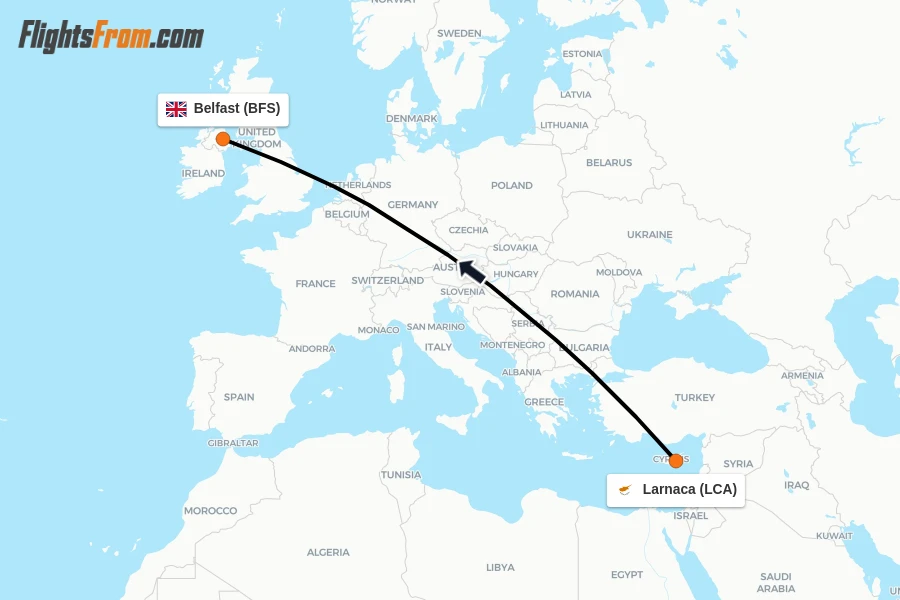 Flights from Larnaca to Belfast route map
