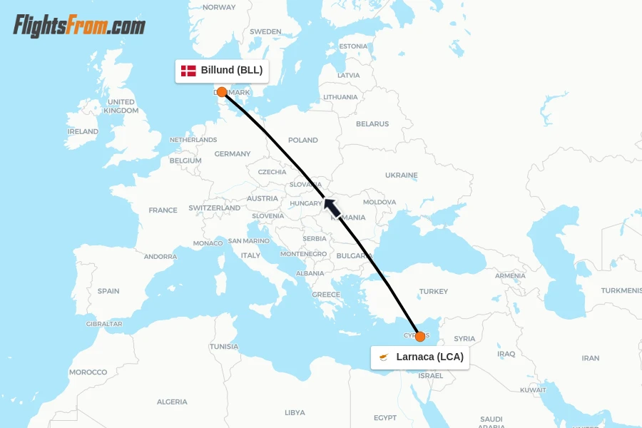 Flights from Larnaca to Billund route map