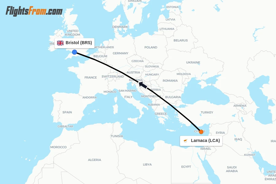 Flights from Larnaca to Bristol route map