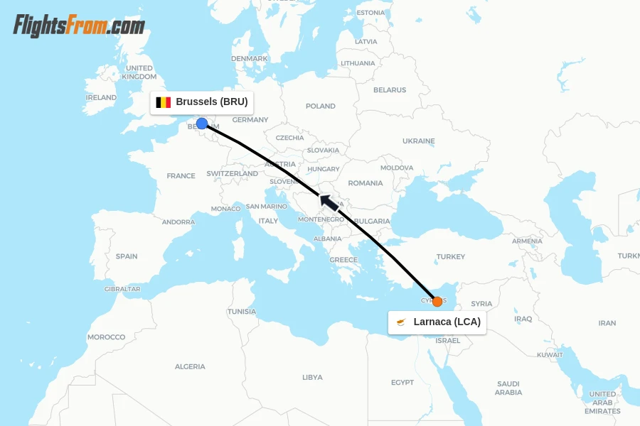 Flights from Larnaca to Brussels route map
